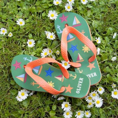 At The Beach Kid's Personalised Flip Flops In Green (PER2303-SML) (TreatRepublic077)