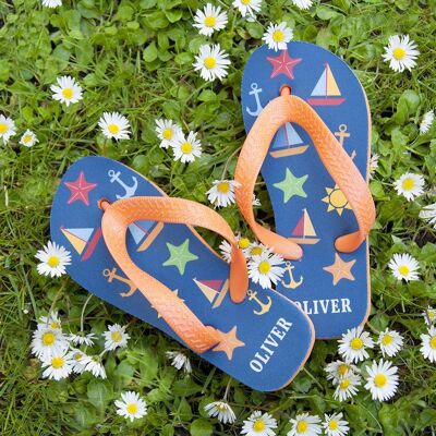 At The Beach Kid's Personalised Flip Flops In Navy (PER357-BL) (TreatRepublic080)