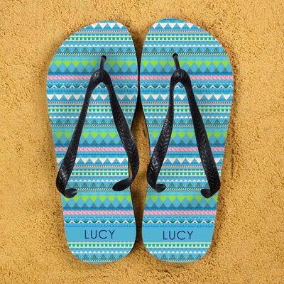 Aztec Style Personalised Flipflops in Blue (PER359-OM) (TreatRepublic083)