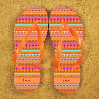 Aztec style Personalised Flipflops in Orange Blue (PER359-OL) (TreatRepublic084)