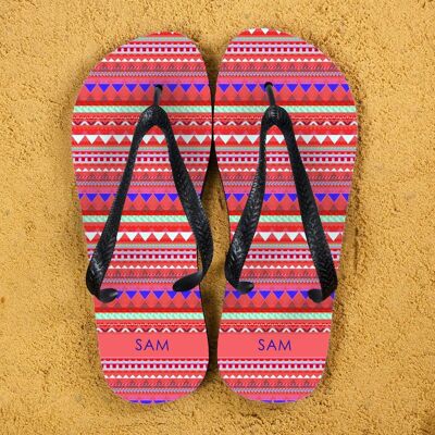 Aztec style Personalised Flipflops in Red Yellow (PER358-BM) (TreatRepublic087)