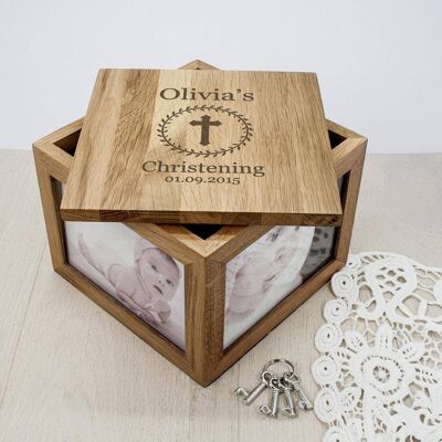 Christening Cross Oak Photo Keepsake Box with Leaf Frame Orange (PER2036-001) (TreatRepublic175)