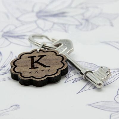 Flower Wooden Keyring with Initial and Name (PER2302-SML) (TreatRepublic322)