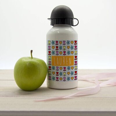 Girls Dainty Floral and Heart Personalised Water Bottle (PER2128-BLU) (TreatRepublic355)