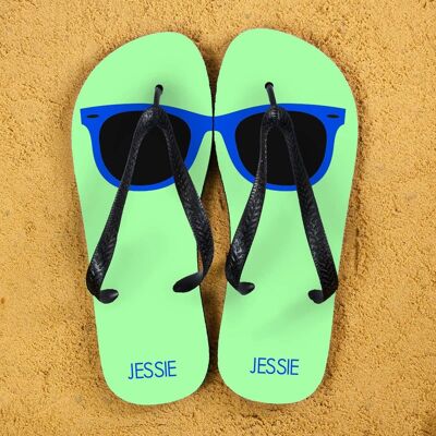 Holiday Style Personalised Flip Flops in Blue and Yellow (PER377-BL) (TreatRepublic429)