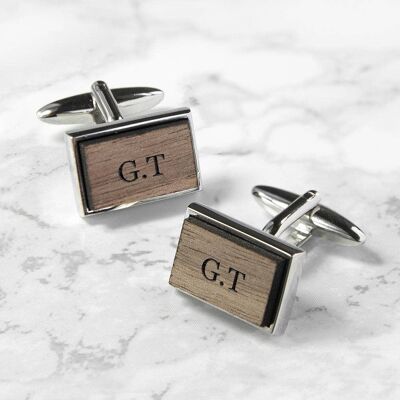 Monogram Engraved Rectangle Walnut Cufflinks (PER3158-SER) (TreatRepublic603)