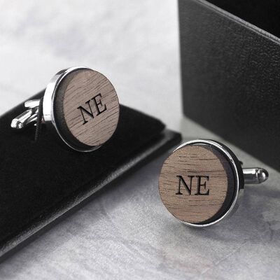 Monogram Engraved Round Walnut Cufflinks (PER3157-SAN) (TreatRepublic607)