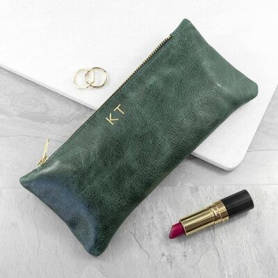 Monogrammed Green Leather Slimline Clutch Bag (PER3931-001) (TreatRepublic656)