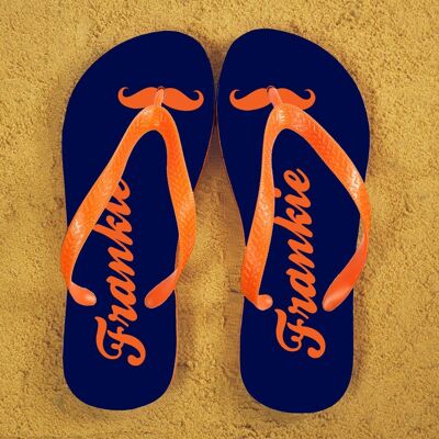 Moustache Style Personalised Flip Flops in Blue and Orange (PER370-OL) (TreatRepublic685)