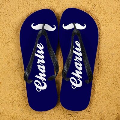 Moustache Style Personalised Flip Flops in Navy Blue (PER366-BL) (TreatRepublic691)