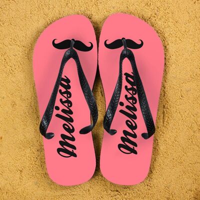 Moustache Style Personalised Flip Flops in Pink (PER367-BM) (TreatRepublic694)