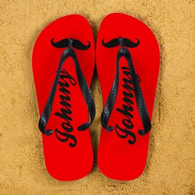 Moustache Style Personalised Flip Flops in Red (PER368-BM) (TreatRepublic698)
