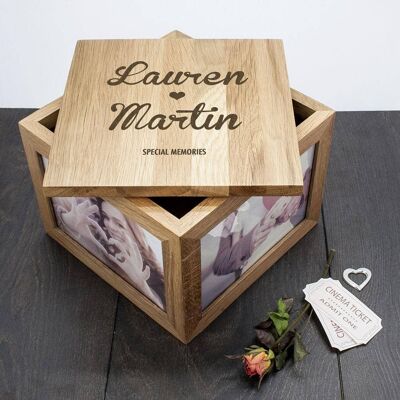 Oak Photo Keepsake Box Couple Name and Heart (PER914-001) (TreatRepublic766)