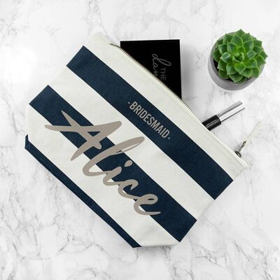 Pers Bridesmaid Silver On Navy Striped Cosmetic Bag (PER3618-001) (TreatRepublic810)
