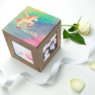 Personalised Baby Unicorn Photo Cube with Rainbow Background (PER3224-001) (TreatRepublic982)