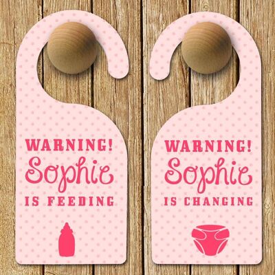 Personalised Baby Warning Door Hanger in Pink (PER201-PIN) (TreatRepublic984)