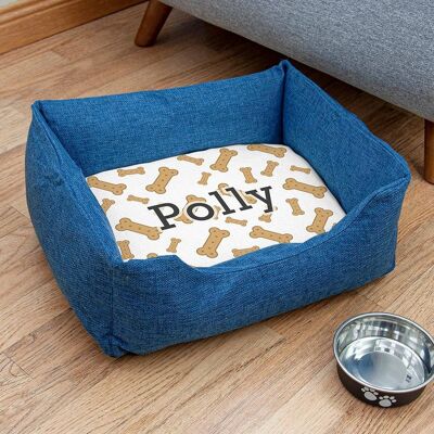 Personalised Blue Comfort Dog Bed with Dog Biscuit Design (PER4343-SML) (TreatRepublic1059)