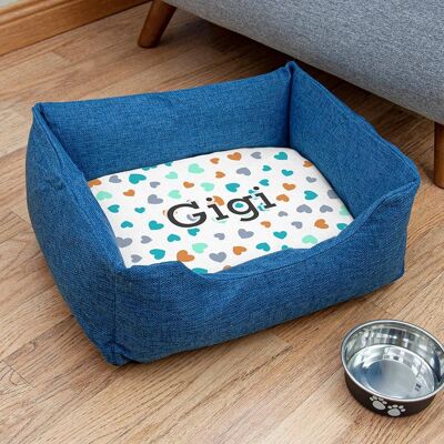 Personalised Blue Comfort Dog Bed with Hearts Design (PER4344-SML) (TreatRepublic1063)