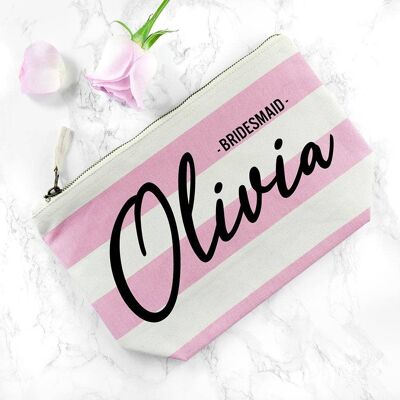 Personalised Bridesmaid Black On Pink Striped Cosmetic Bag (PER3615-001) (TreatRepublic1113)
