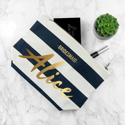 Personalised Bridesmaid Gold On Navy Striped Cosmetic Bag (PER3617-001) (TreatRepublic1114)