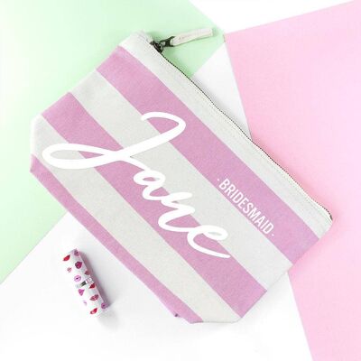 Personalised Bridesmaid White On Pink Striped Cosmetic Bag (PER3614-001) (TreatRepublic1123)