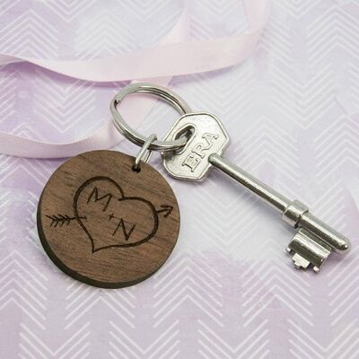 Personalised Carved Tree Round Wooden Keyring with Initials (PER2028-001) (TreatRepublic1142)
