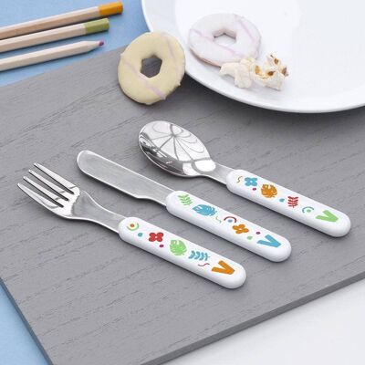 Personalised Children's Colourful Shapes Metal Cutlery Set (PER4232-001) (TreatRepublic1168)