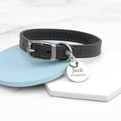 Personalised Classic Black Leather Dog Collar with Tag (PER4365) (TreatRepublic1273)