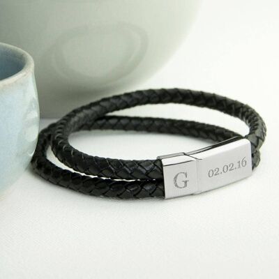 Personalised Men's Dual Leather Woven Bracelet In Black (PER2253-001) (TreatRepublic2160)