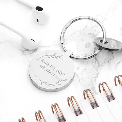 Personalised Save the Date Round Keyring (PER4093-SIL) (TreatRepublic2506)