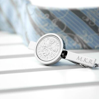Personalised Silver Plated Lucky Sixpence Tie Clip (PER2382-001) (TreatRepublic2536)