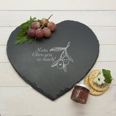 Romantic Pun "Olive You So Much" Heart Slate Cheese Board (PER1006-001) (TreatRepublic3027)