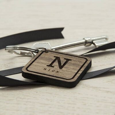 Square Wooden Key Ring - Initial and Name (PER2030-001) (TreatRepublic3092)