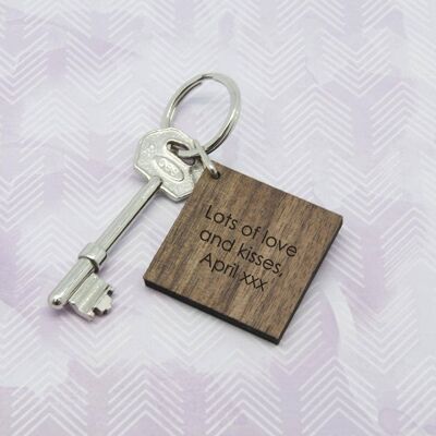 Square Wooden Key Ring - Initial decorated with leaves (PER2031-001) (TreatRepublic3093)