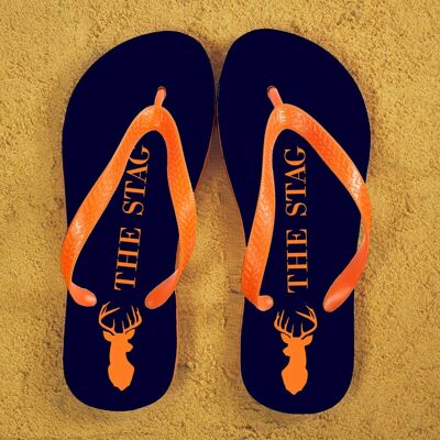 Stag Design Personalised Flip Flops in Blue and Orange (PER386-OL) (TreatRepublic3096)