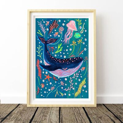 Stampa artistica della scuola materna della balena blu A3 29,7 x 42 cm