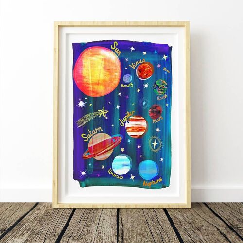 Planets in Space Kids Art Print A3 29.7 x 42cm