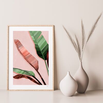 Impression d'art feuille de bananier rose et vert A4 - 21 x 29,7 cm