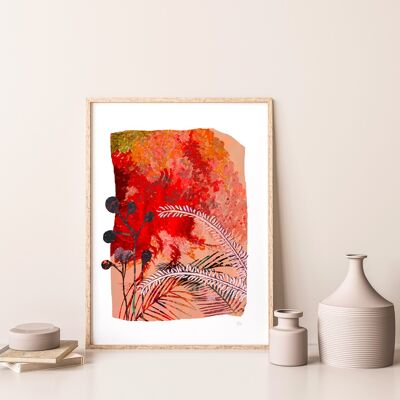 Stampa artistica collage botanico rosso fuoco A4- 21 x 29,7 cm