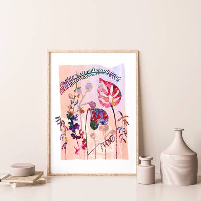 Impression d'art de fleurs et de feuilles tropicales roses A4 - 21 x 29,7 cm