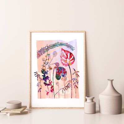 Impression d'art de fleurs et de feuilles tropicales roses A3 - 29,7 x 42 cm