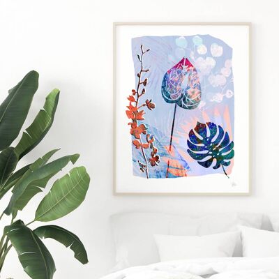 Impression d'art de fleurs et de feuilles bleues froides A3 - 29,7 x 42 cm