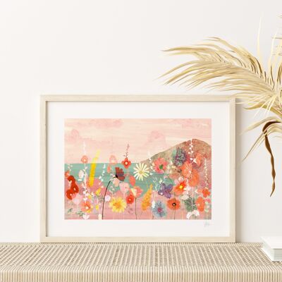 Impression d'art de paysage de fleurs roses côtières A4 - 21 x 29,7 cm