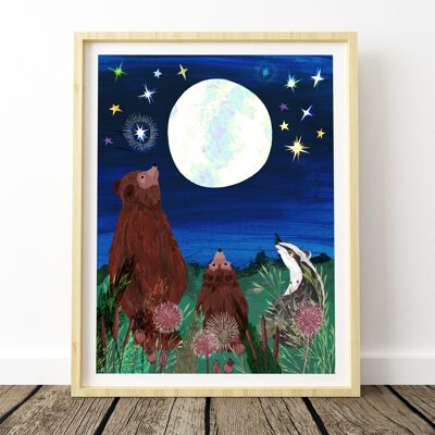 Impresión artística de animales del bosque de luna llena A4- 21 x 29,7 cm