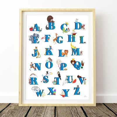 Blauer illustrierter Vintage-Alphabet-Kunstdruck, A4, 21 x 29,7 cm