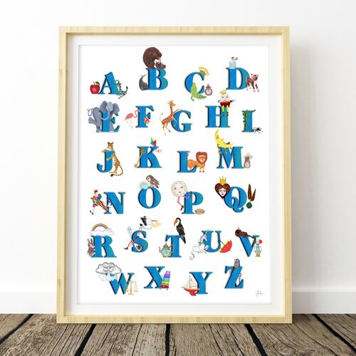Blue Vintage Illustrated Alphabet Art Print A3 - 29.7 x 42cm