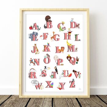 Impression d'art alphabet illustré vintage rose A4 - 21 x 29,7 cm 1