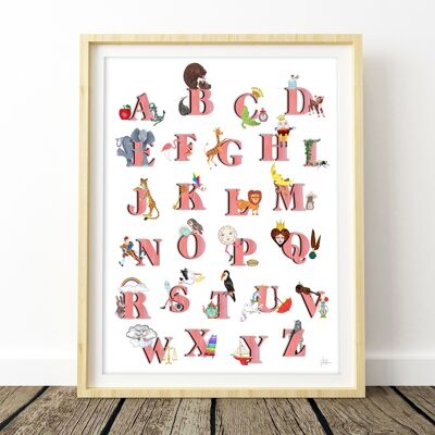 Impression d'art alphabet illustré vintage rose A4 - 21 x 29,7 cm