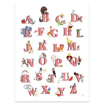Impression d'art alphabet illustré vintage rose A4 - 21 x 29,7 cm 3