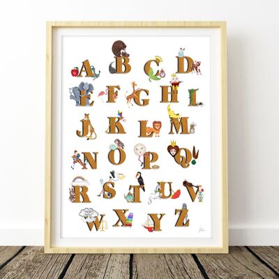 Gold illustrierter Vintage-Alphabet-Kunstdruck, A4, 21 x 29,7 cm